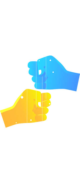 eWorld’s blue and yellow hands meeting in a fist bump, representing Respect